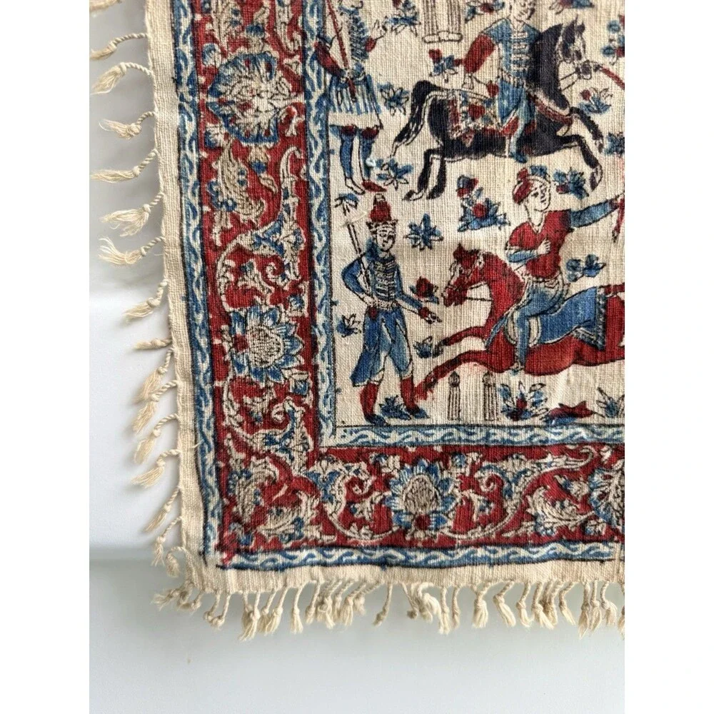 Antique Persian Fringed Cloth Tapestry Qajar Hunting & Polo Scene 24 X 24